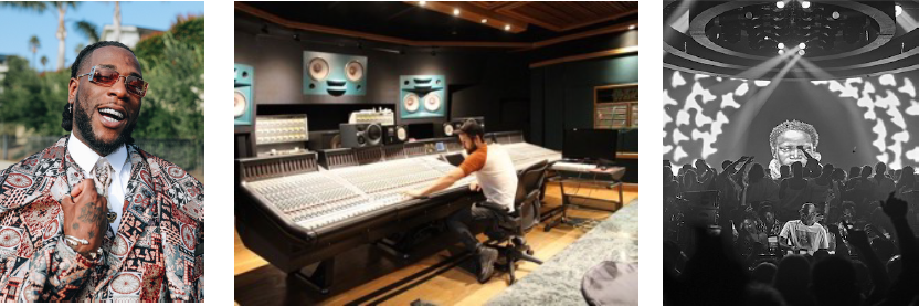 Collage of an artist, recording studio and live music environment.
