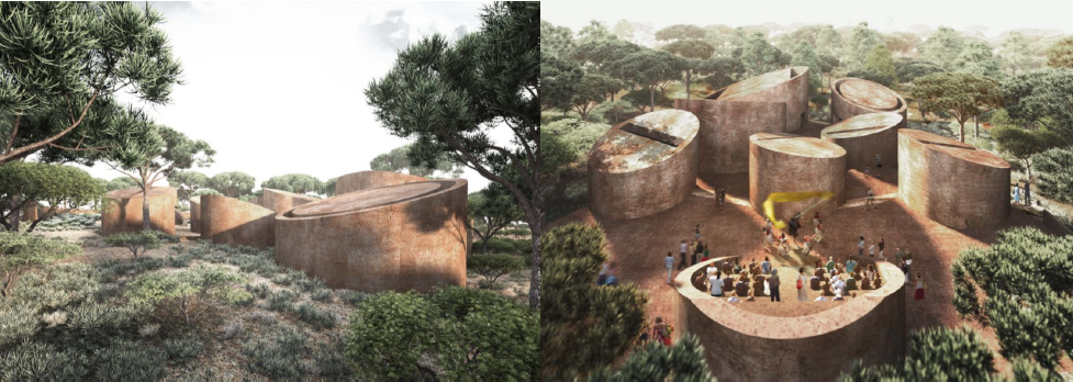 Daylight concept renderings of an organic earth-toned cultural institute.