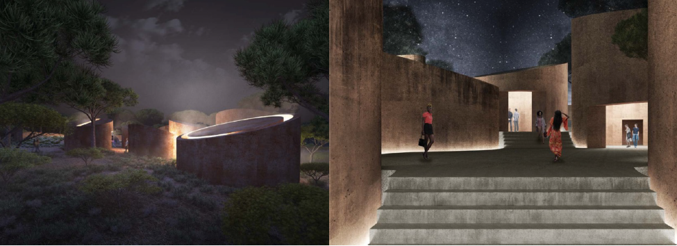 Night concept renderings of an organic earth-toned cultural institute.